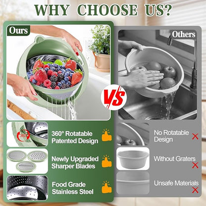 4-1 Colander with Fruit Bowl Set - Colander for Kitchen, Rotatable Strainers and Colanders(Patented), Pasta Strainer with New Upgraded Graters for Fruit, Veggie, Aesthetic Kitchen Essentials - Green - Image 2