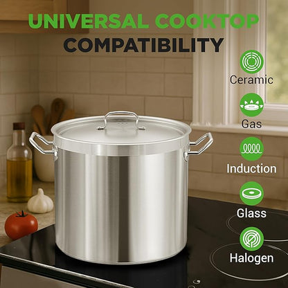 Stainless Steel Cookware Stockpot, 30 Quart Heavy Duty Induction Soup Pot With Stainless Steel Lid And Strong Riveted Handles, Even Heat Distribution, Compatible With Most Cooktops