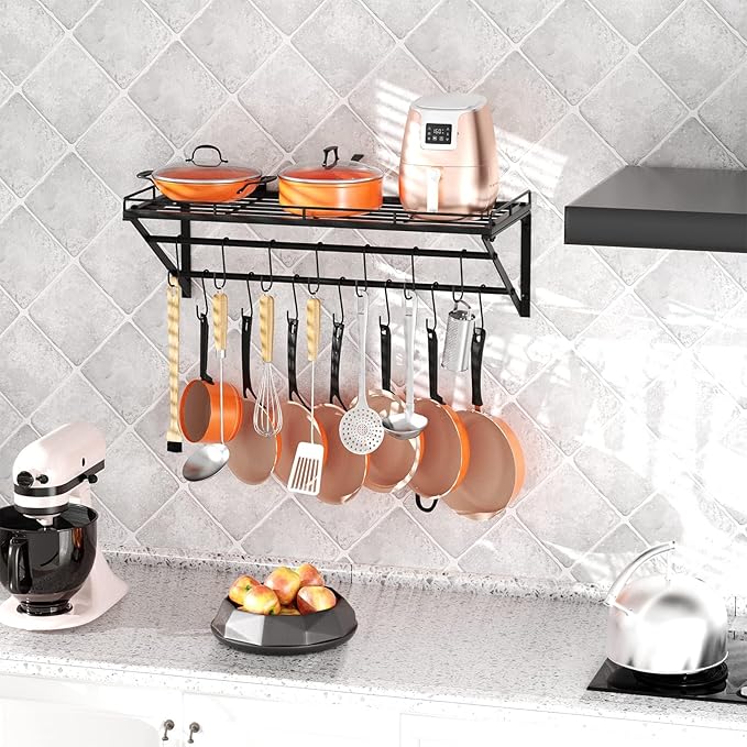 OROPY 31 Inch Wall Mounted Pot Rack Storage Shelf with 2 Tier Hanging Rails 14 S Hooks included, Ideal for Pans, Utensils, Cookware - Black - Image 6