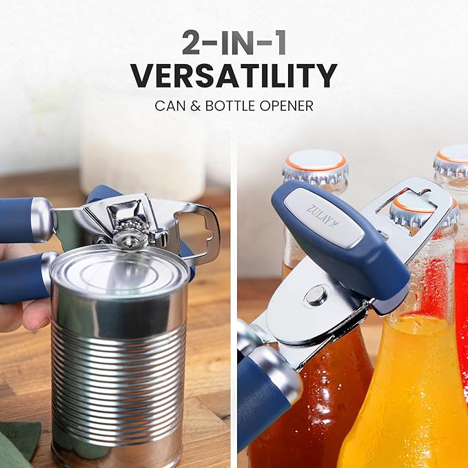 Zulay Kitchen Heavy Duty Stainless Steel Can Opener Manual with Bottle Opener - Rust Proof Manual Can Opener With Turn Knob & Comfy Soft Grip Handles - Blue - Image 7