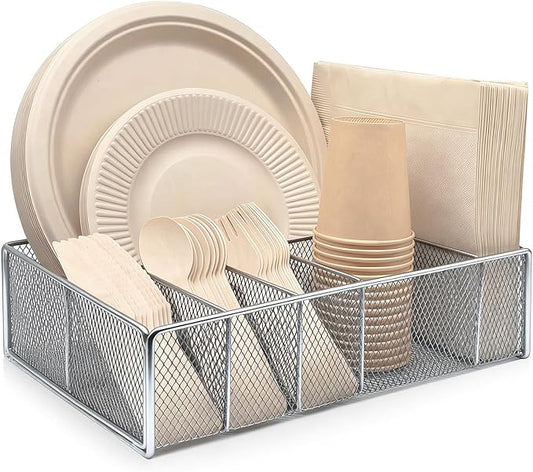DysanVica Metal Paper Plate Holder - Utensil Silverware Caddy for Kitchen Counter Cabinet Cutlery Flatware Organizer Storage Dispenser for Plastic Spoon Fork Plates Napkins Cup Party Camping Silver