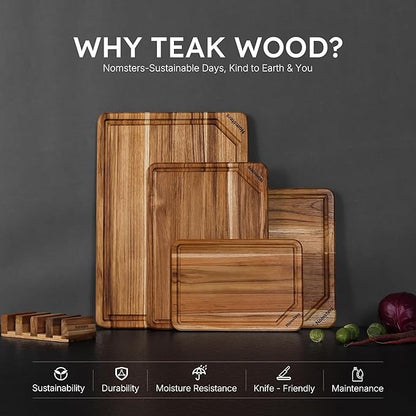 4 Pack Teak Wood Cutting Board Set for Kitchen Heavy Duty Non Toxic Non Slip Solid Thick Wood Haus Chopping Board Extra Large Big Small Meat Best Non Toxic Kitchen Essential House Warming Hostess Gift - Image 3