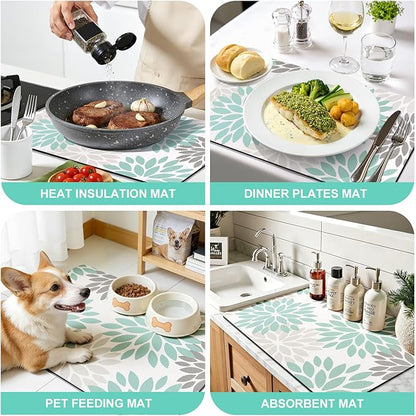 Findosom Floral Dish Drying Mat, 16" x 24" Super Absorbent & Hide Stain Coffee Mat, Cuttable Drying Mat for Kitchen Counter, Under Dish Rack, Coffee Maker, Espresso Machine, Teal