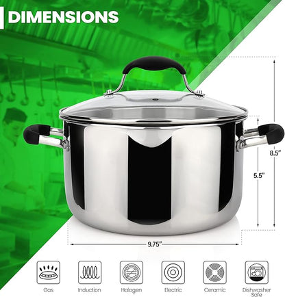 AVACRAFT Tri-Ply Stainless Steel Stockpot with Glass Strainer Lid, Side Spouts, 6 Quart Pot, Multipurpose Stock Pot, Sauce Pot (Tri-Ply Full Body, 6QT)