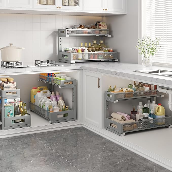 2 Pack 19IN Depth Under Sink Storage Organizer, Large 2-Tier Elegant Mesh Pull Out Shelf for Kitchen and Bathroom Cabinet Organization, L-Shaped and Adjustable Height Design-Gun Gray - Image 6