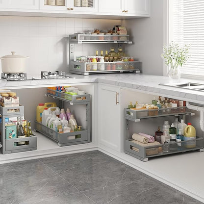 2 Pack 19IN Depth Under Sink Storage Organizer, Large 2-Tier Elegant Mesh Pull Out Shelf for Kitchen and Bathroom Cabinet Organization, L-Shaped and Adjustable Height Design-Gun Gray - Image 6