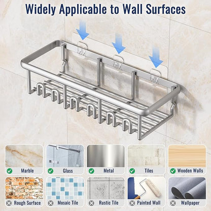 8 Pack Adhesive Rustproof Shower Shelves with Soap Dishes, Toothbrush Holder & Hooks, Large Capacity No-Drilling Shower Shelves Rack for Bathroom Organizers and Storage Accessories, Silver