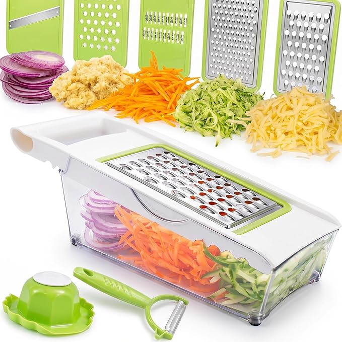 NACOLUS Cheese Grater with Container,5 In 1 Mandoline Slicer for Kitchen,Multi Purpose Vegetable Slicer, Easy to Clean Vegetable Chopper,Cheese Shredder,Julienne Slicer and Peeler