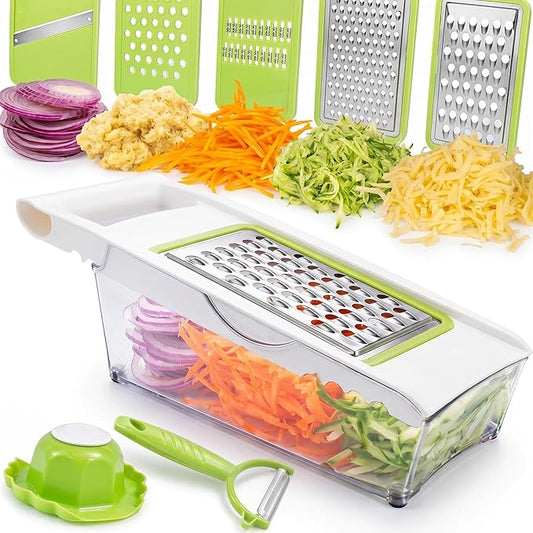 NACOLUS Cheese Grater with Container,5 In 1 Mandoline Slicer for Kitchen,Multi Purpose Vegetable Slicer, Easy to Clean Vegetable Chopper,Cheese Shredder,Julienne Slicer and Peeler