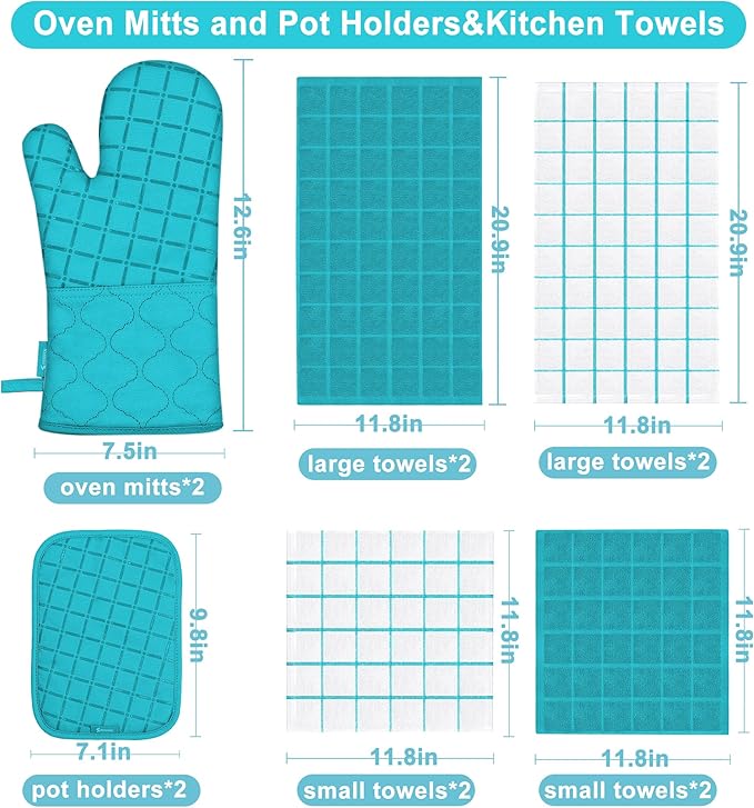 Oven Mitts Kitchen Towels and Dishcloths Pot Holders Sets, Oven Gloves Kitchen Dish Towels 500 Degree Heat Resistant Potholders with Non-Slip Silicone Surface for Cooking, Grilling, Baking-Blue - Image 2