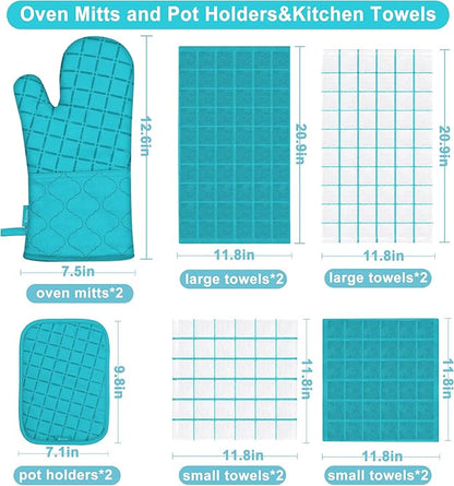 Oven Mitts Kitchen Towels and Dishcloths Pot Holders Sets, Oven Gloves Kitchen Dish Towels 500 Degree Heat Resistant Potholders with Non-Slip Silicone Surface for Cooking, Grilling, Baking-Blue - Image 2