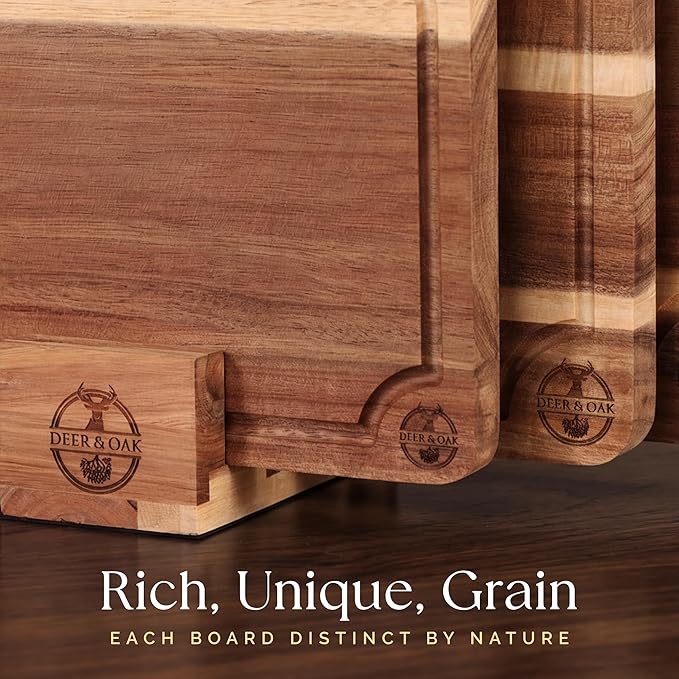 Pre-Oiled, Non Toxic 3-Piece Acacia Cutting Board Set with Stand, FSC Certified Wooden Chopping Boards, Includes 3.4 fl oz Chopping Board Oil, 3 Wood Carving Boards for Home, BBQ Kitchen, Deer & Oak - Image 7