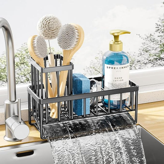 Kitsure Sponge Holder for Kitchen Sink - Rustproof Stainless Steel Sink Caddy Organization and Storage Essentials with High Brush Holder, Home Decor Accessories, 7.9" x 3.7" x 6.2", Black by Kitsure