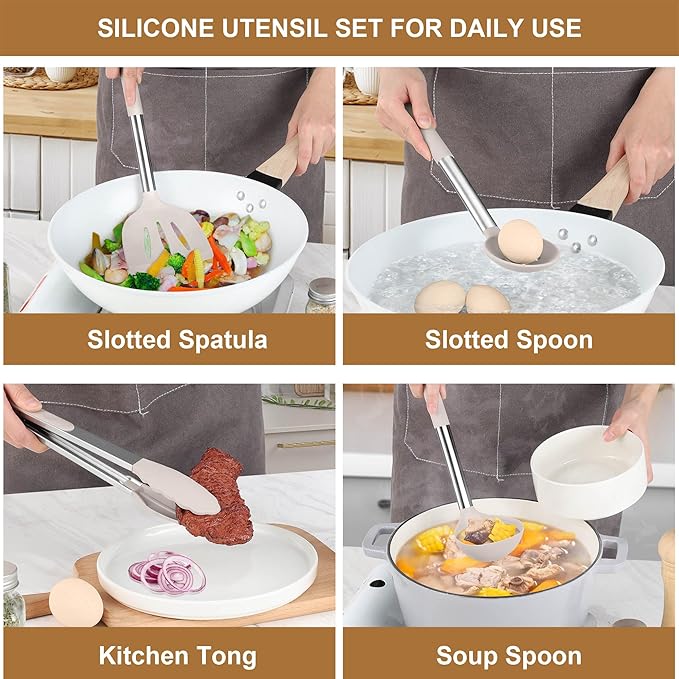 LIANYU 15 Pcs Kitchen Cooking Utensils Set with Holder, Silicone Kitchen Tools with Stainless Steel Handle, Heat Resistant Gadgets, Brush Spatula Spoon Whisk for Cookware, Dishwasher Safe, Khaki - Image 5