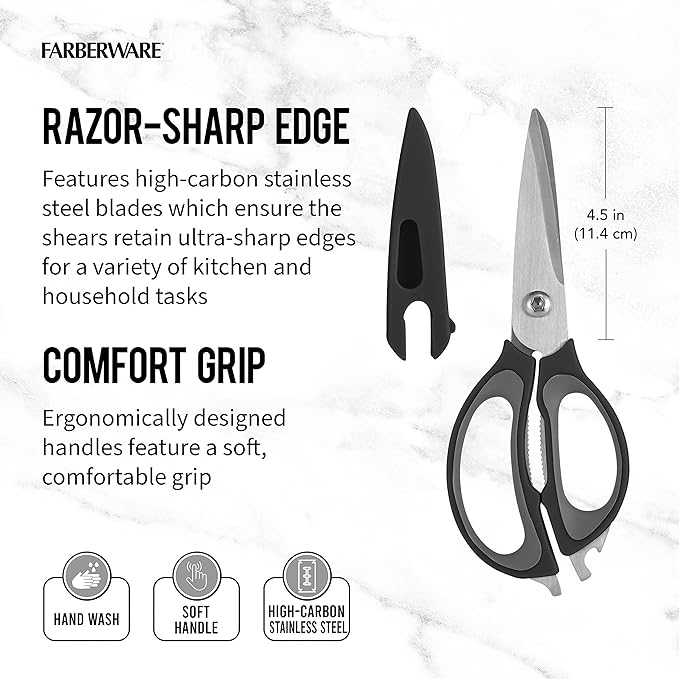 Farberware 4-in-1 Kitchen Scissors with Black Handle, High-Carbon Stainless Steel Shears with Bottle Opener, Jar Opener and Screwdriver, Kitchen Shears for Food Prep