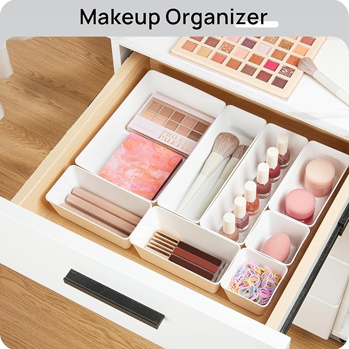 Vtopmart 44 PCS Plastic Drawer Organizers Set, 4-Size Versatile Bathroom and Vanity Organizer Trays, Non-Slip Storage Containers for Makeup, Jewelries, Bedroom，Kitchen Utensils and Office, White - Image 4