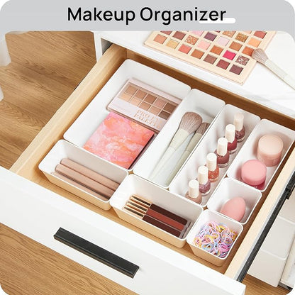 Vtopmart 44 PCS Plastic Drawer Organizers Set, 4-Size Versatile Bathroom and Vanity Organizer Trays, Non-Slip Storage Containers for Makeup, Jewelries, Bedroom，Kitchen Utensils and Office, White - Image 4