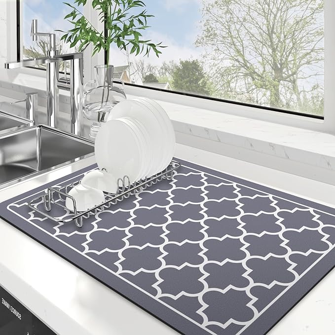 WISELIFE Dish Drying Mat Super Absorbent Drying Mat Large Dish Drying Mats for Kitchen Counter Easy Clean Dish Mat Kitchen Drying Mat16"x 24" Stylish Grey by WiseLife