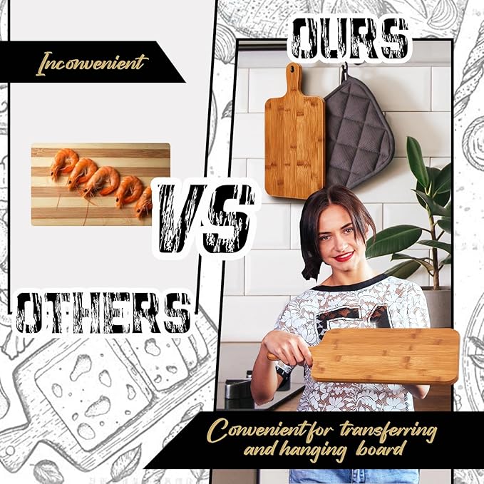 Nuenen 10 Pcs Wood Cutting Board with Handle 15.7 x 7.8 Inch Acacia Bamboo Wooden Serving Kitchen Chopping Boards for Pizza, Bread, Cheese, Charcuterie, Fruit, Vegetables (Carbonized Bamboo) - Image 3
