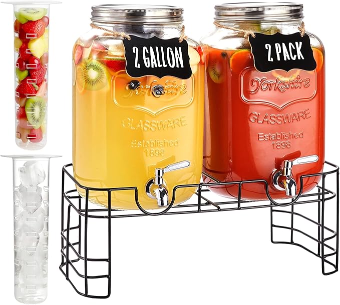 2 Gallon Large Glass Drink Dispenser Set, 2 Pack Beverage Dispensers with Stand & 18/8 Stainless Steel Spigot, Leakproof for Lemonade, Sun Tea & Iced Tea by JILLSKY