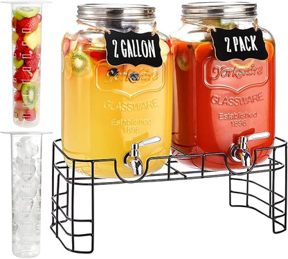 2 Gallon Large Glass Drink Dispenser Set, 2 Pack Beverage Dispensers with Stand & 18/8 Stainless Steel Spigot, Leakproof for Lemonade, Sun Tea & Iced Tea by JILLSKY