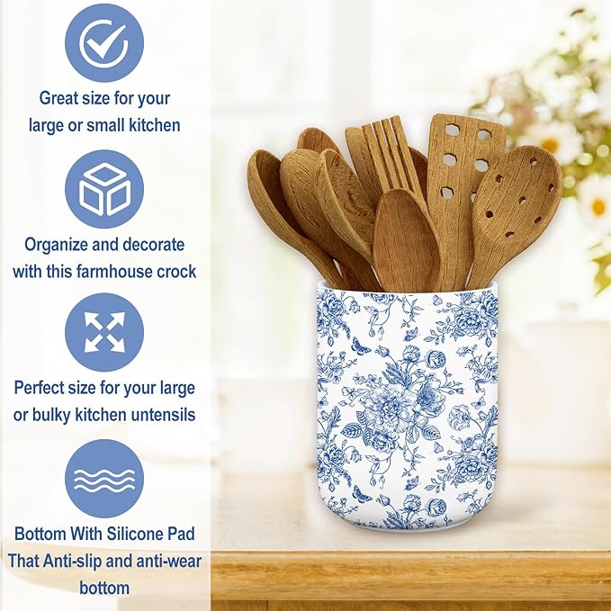 JarThenaAMCS Chinoiserie Floral Ceramic Utensil Holder Blue Flower Butterfly Utensil Crock for Home Kitchen Countertop Storage Organizer Container - Image 5