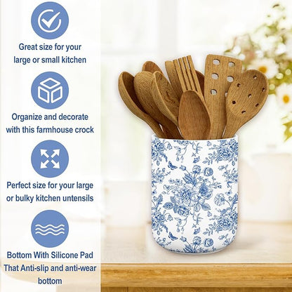 JarThenaAMCS Chinoiserie Floral Ceramic Utensil Holder Blue Flower Butterfly Utensil Crock for Home Kitchen Countertop Storage Organizer Container - Image 5
