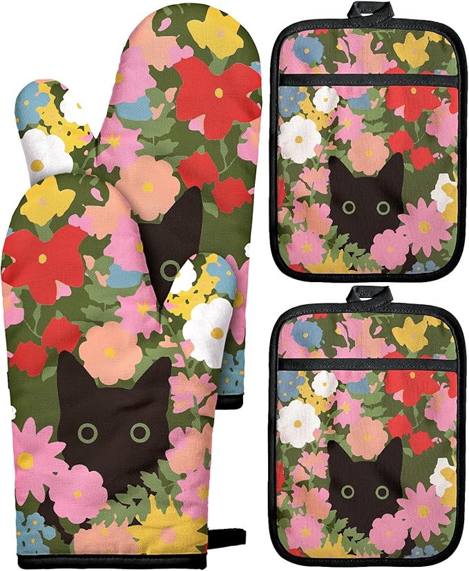 Miss Adola Cotton Oven Mitts and Pot Holders Sets - Quilted Lining Heat Resistant 4 Pieces Set with Hanging Loop Cute Farmhouse Boho Spring Kitchen Decor and Accessories, Cat Flower by MissAdola
