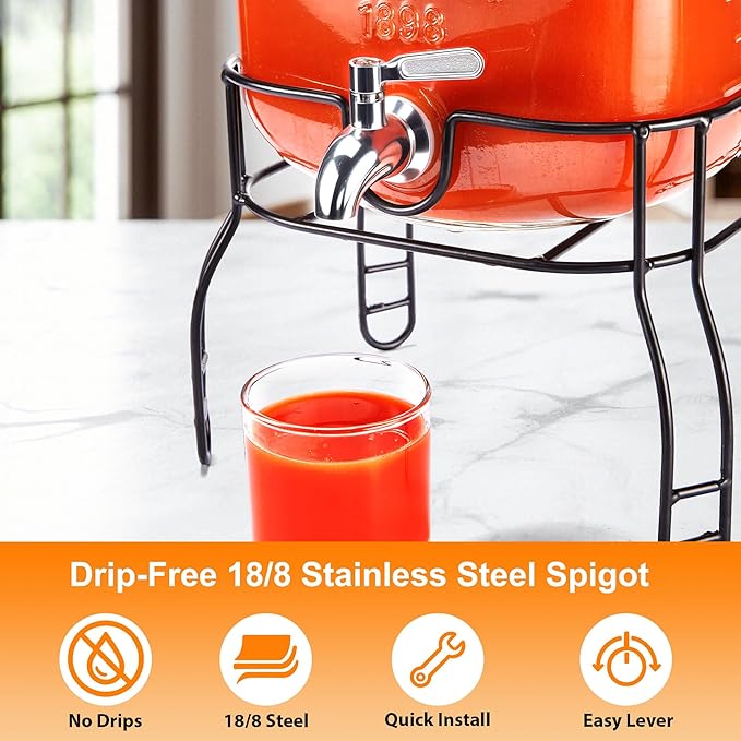 2 Gallon Large Glass Drink Dispenser Set, Beverage Dispensers with Stand & 18/8 Stainless Steel Spigot, Leakproof for Lemonade, Sun Tea & Iced Tea - Image 5