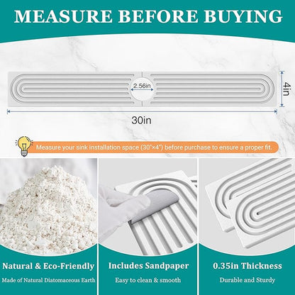 Stone Faucet Mat for Kitchen Sink - Quick Dry Diatomite Sink Splash Guard, Prevents Moisture Buildup & Water Stains, Water Absorbing Stone Tray for Bathroom Countertop (White, 30" x 4")