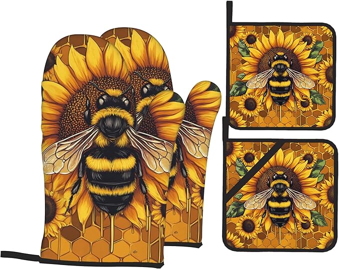 Sunflower Bee Oven Mitts and Heat Resistant Pads - Heat Resistant Gloves Potholder Set of 4 for Cooking, BBQ, Gifts for Women