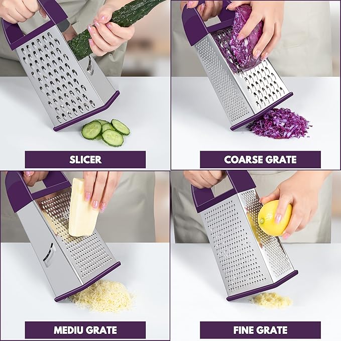 Urbanstrive Cheese Grater With Container, Professional Cheese Grater with Handle, Stainless Steel Graters for Kitchen Handheld, Box Grater with 4 Sides for Vegetables, Ginger, Potatoes (Purple) - Image 4