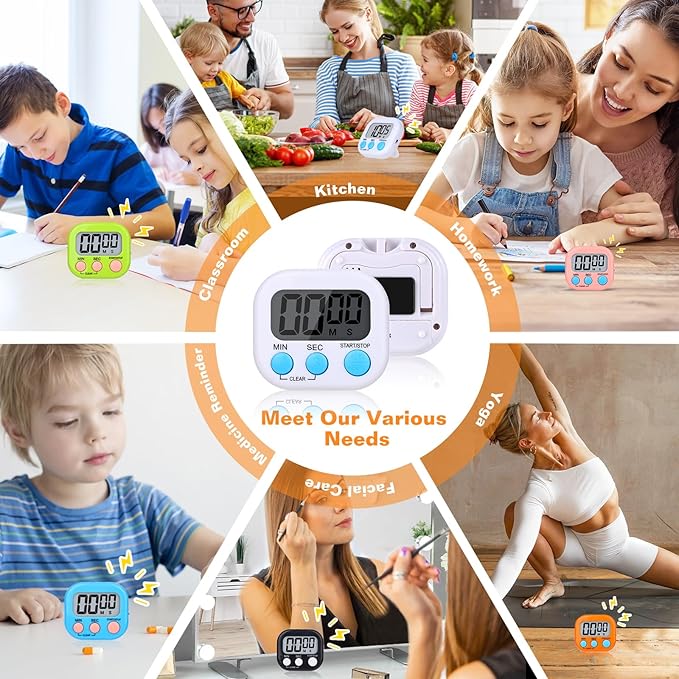 12 Pack Digital Kitchen Timers for Cooking, Small Magnetic Countdown Classroom Timers for Teachers Kids, Big Digits Loud Alarm Backing Stand Timer for Kitchen, Shower, Study, Work, Exercise Training - Image 7