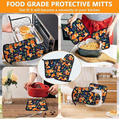 Cute Fox Oven Mitts and Pot Holders Sets 4Pcs,Extra Long Oven Gloves Potholder for Kitchen Cooking Baking BBQ 100% Cotton Heat Resistant - Image 7
