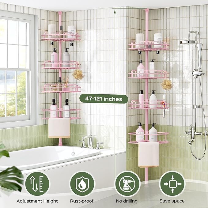 HAMITOR Corner Shower Caddy Tension Pole: 4-Tier Rust-Resistant Adjustable Bathroom Organizer Shelves - 47-121 Inch No-Drill Quick Installation - Space-Saving Storage for Renters Family - Pink - Image 7