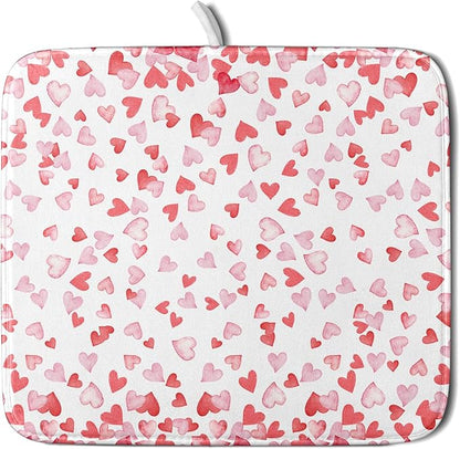 Valentine’s Day Dish Drying Mat for Kitchen Counter 18x16 Inch Watercolor Love Drying Mat with Absorbent Reversible Microfiber Pink Dish Drainer Mats Rack Pad for Coffee Countertop Protector