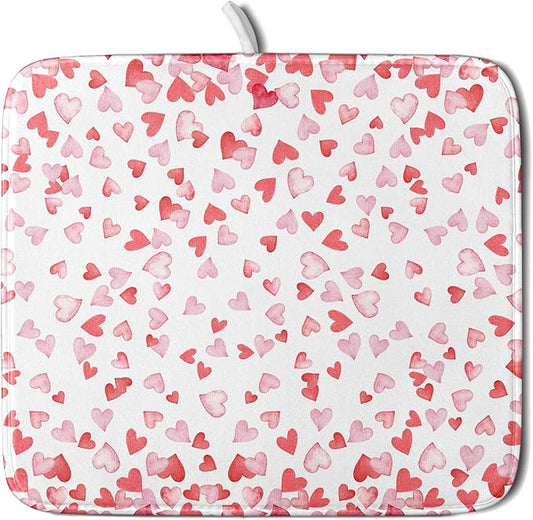 Valentine’s Day Dish Drying Mat for Kitchen Counter 18x16 Inch Watercolor Love Drying Mat with Absorbent Reversible Microfiber Pink Dish Drainer Mats Rack Pad for Coffee Countertop Protector