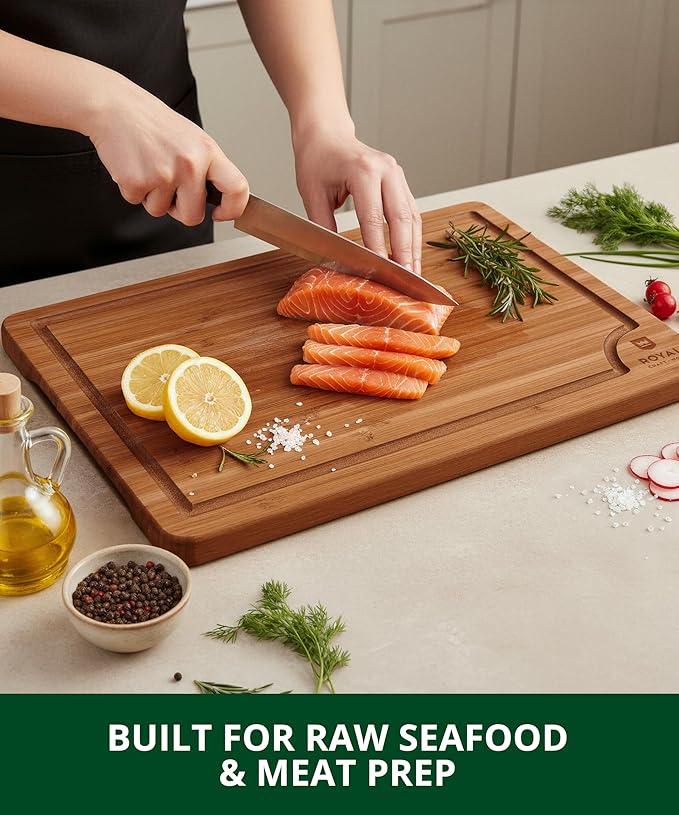 ROYAL CRAFT WOOD Wooden Cutting Boards for Kitchen Meal Prep & Serving - Bamboo Wood Serving Board Set with Deep Juice Groove Side Handles - Charcuterie & Chopping Butcher Block for Meat - Image 8
