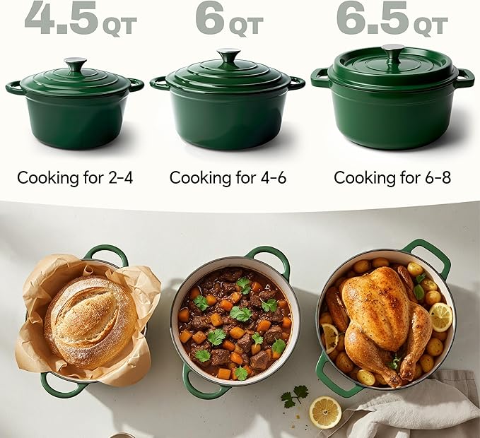 6.5 Quart Dutch Oven Pot with Lid, Non Stick Enameled Cast Iron Dutch Oven for Bread Baking, Heavy-Duty, Oven Safe Ceramic Cookware Up to 500°F for Baking, Braising, Stews, Roasting, Green - Image 3