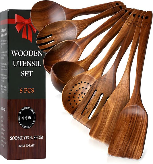 8-Piece Natural Teak Wood Utensil Set - Essential Nonstick Cooking Spoons & Spatulas, Eco-Friendly Tools by SOOMGYEOLSEOM
