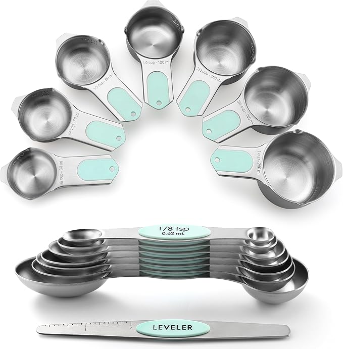Spring Chef Magnetic Measuring Cups & Spoons Set, Patented, Strong N45 Magnets, Heavy Duty Stainless Steel Fits in Spice Jars for Baking & Cooking, BPA Free, Round Set of 15 with Leveler, Mint by SpringChef
