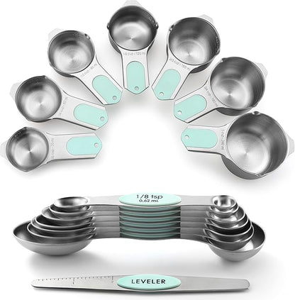 Spring Chef Magnetic Measuring Cups & Spoons Set, Patented, Strong N45 Magnets, Heavy Duty Stainless Steel Fits in Spice Jars for Baking & Cooking, BPA Free, Round Set of 15 with Leveler, Mint by SpringChef