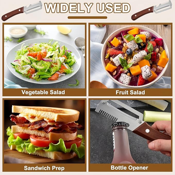 2PCS Multifunctional Vegetable Peeler, Upgrade 3-in-1 Wooden Handle Peelers with Bottle Opener, Premium Stainless Steel Peeler, Fruit Knife for Welsh Onion, Potato, Carrot, Apple, Pumpkin with a Brush - Image 8