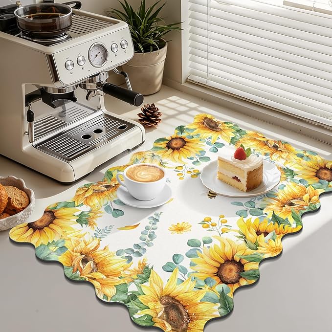 LOKHOM Scalloped Floral Dish Drying Mat, 18"x24" Super Absorbent Coffee Mat with Watercolor Yellow Sunflowers, Cuttable Hide Stain Non-slip Drying Mat for Kitchen Counter Coffee Maker Espresso Machine - Image 4