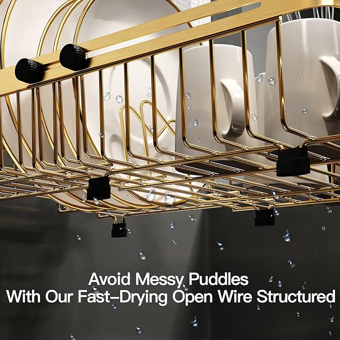 MAJALiS Dish Drying Rack Over The Sink, Expandable Stainless Steel Dish Drainer for Small Kitchen Counter Space Saving, RV Compact Plate Strainer in Gold Metal with Hanging Adjustable Utensil Holder - Image 3