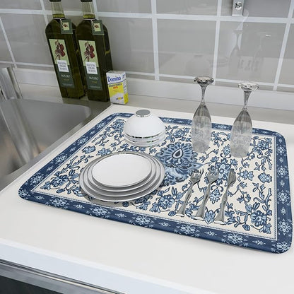 Boho Floral Blue Dish Drying Mat for Kitchen Counter 18x24 Vintage Chinoiserie Flower Print Absorbent Reversible Microfiber Drying Mats Kitchen Countertop Protector Dishes Drainer Rack Pad - Image 6
