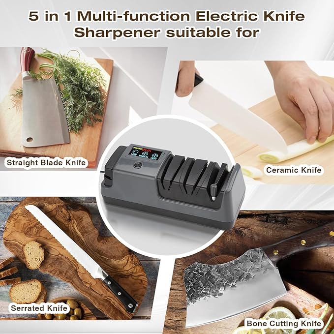 Professional 3-Stage Electric Knife Sharpener for Kitchen Knives, LCD Screen, 100% Diamond Abrasive, Adjustable Rotational Speed, Precision Angle Guides for All Kitchen Knives - Image 7