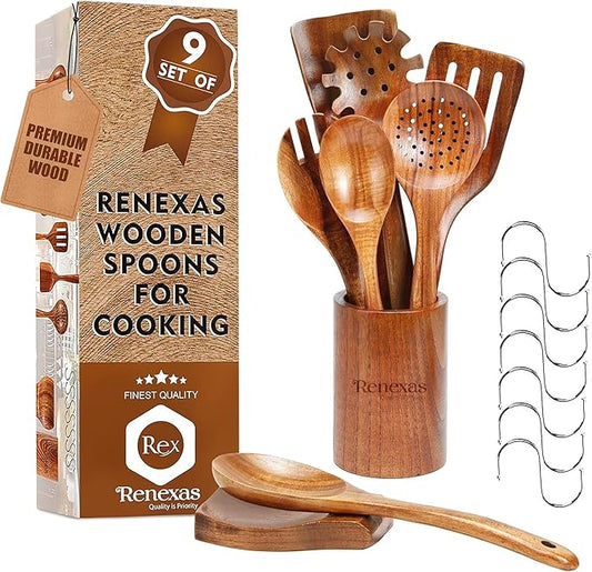 9-Piece Teak Wooden Kitchen Utensil Set – Nonstick Safe Cooking Spoons & Spatulas, Heat Resistant, Durable Natural Wood, Comfortable Grip Handles