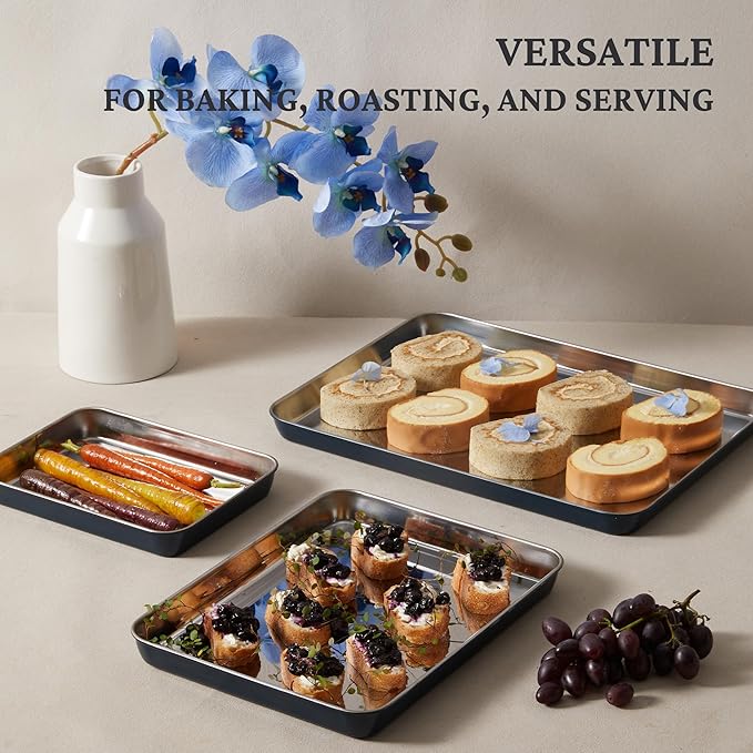 BRONYPRO Stainless Steel Baking Sheet Pan Set of 3, Cookie Sheets 9/12/16 In, Non-Toxic Uncoated Interior (PFOA & PTFE Free), Solid Warp-Resistant Cooking Trays for Oven & Toaster, Navy Exterior - Image 4