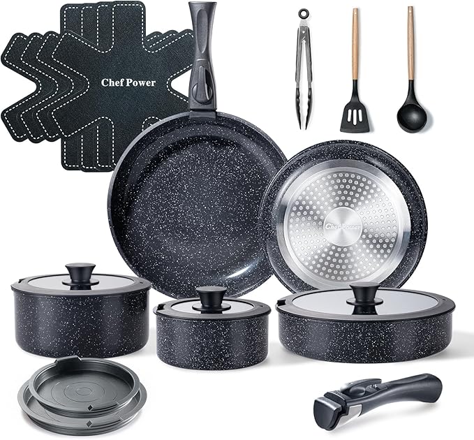 Chef Power Ceramic Nonstick Cookware Set 19 Piece with Detachable Handle, Induction Dishwasher Oven Safe Pans and Pots Set, RV Kitchen Set Removable Handle, Rock Stone Black by ChefPower